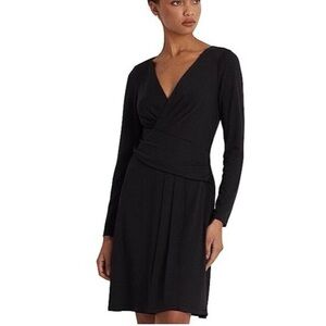 Lauren Ralph Lauren Dress Women 14 Black Jersey A-Line Cocktail Long Sleeves Zip